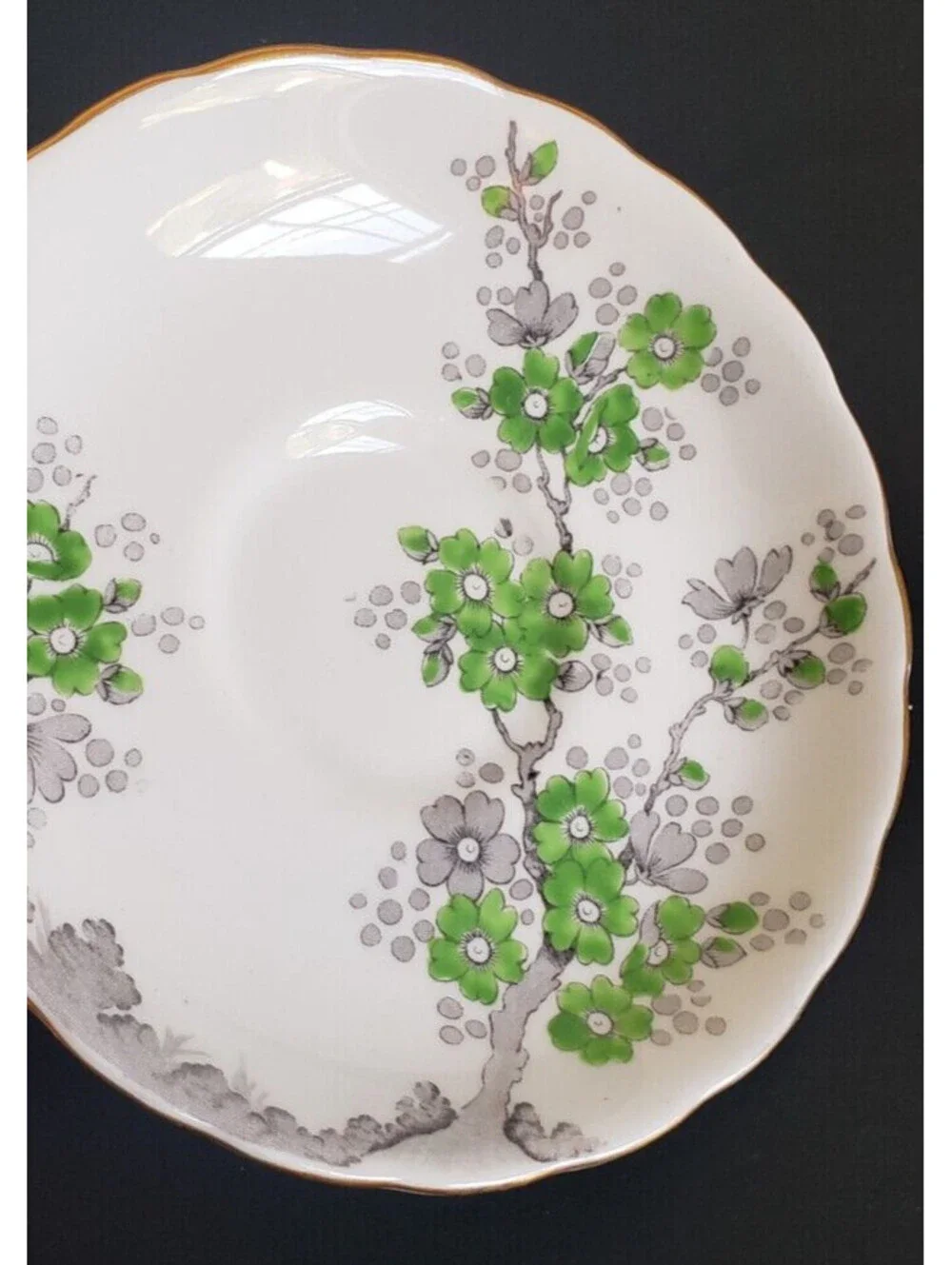 Vintage Tuscan Fine English Bone China Green Blossoms Gold Trim Tea Cup, Saucer